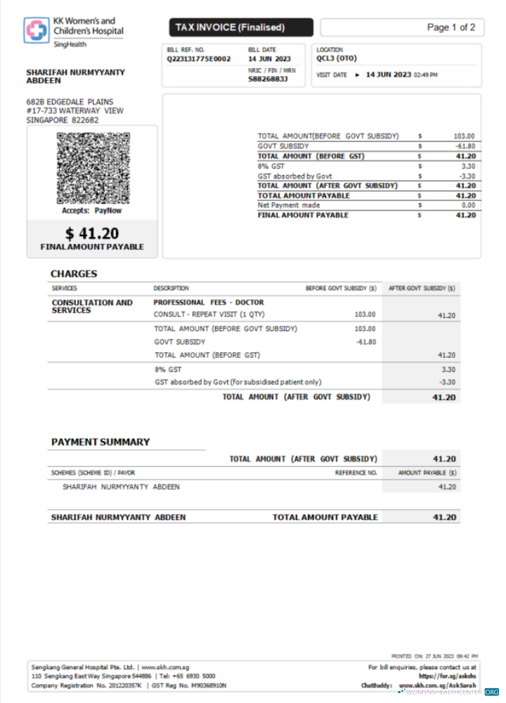 Download Singapore KK Hospital tax invoice Word and PDF template Photoshop template